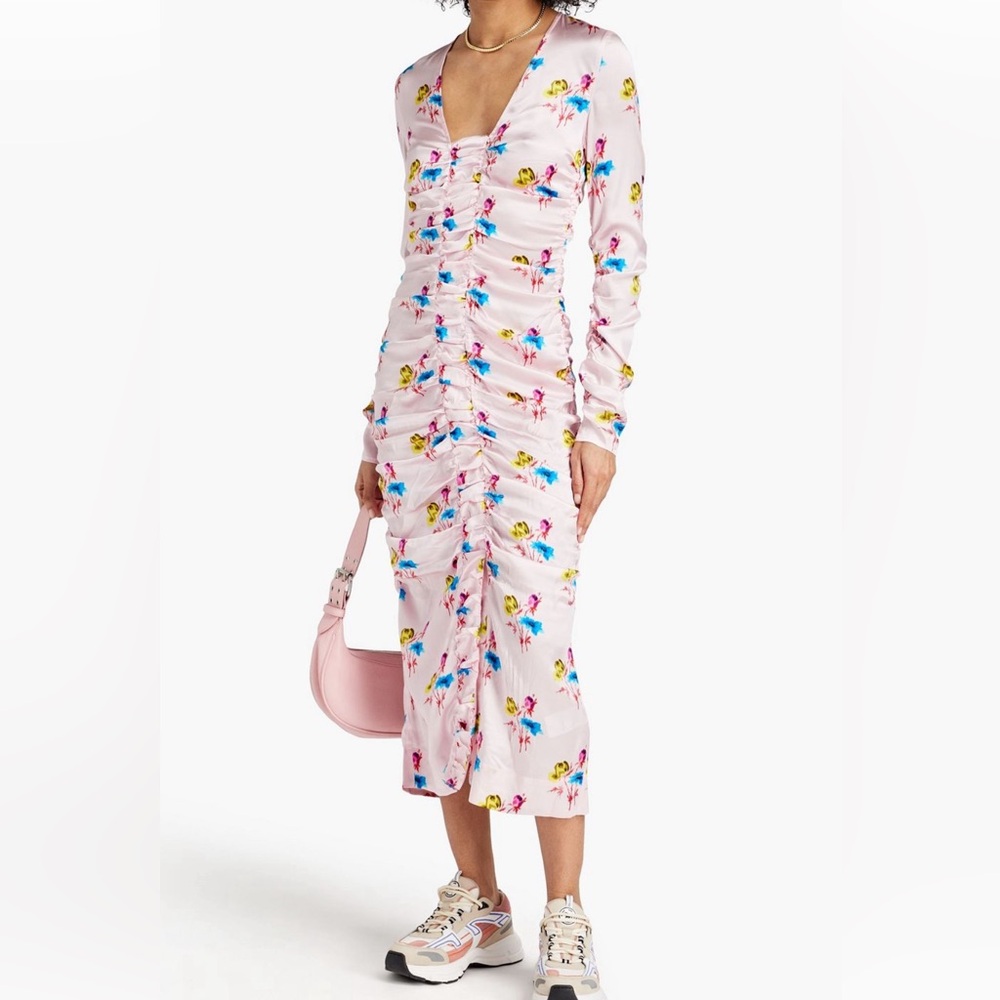 Ganni arched floral print stretch silk satin midi dress